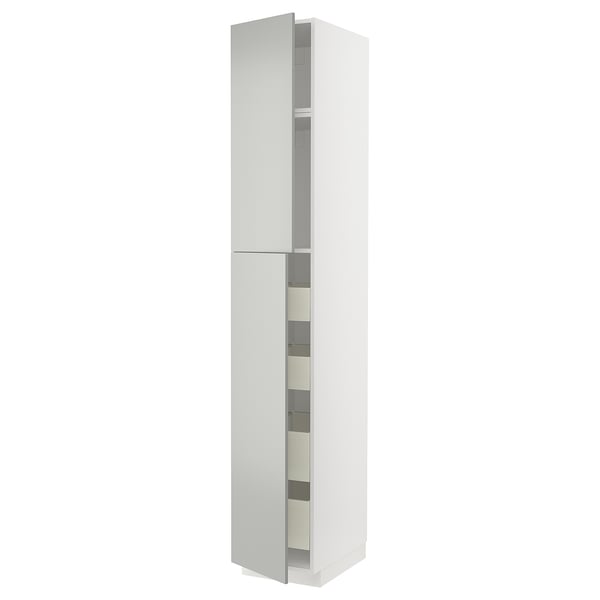 White METOD kitchen cabinet with grey handles.