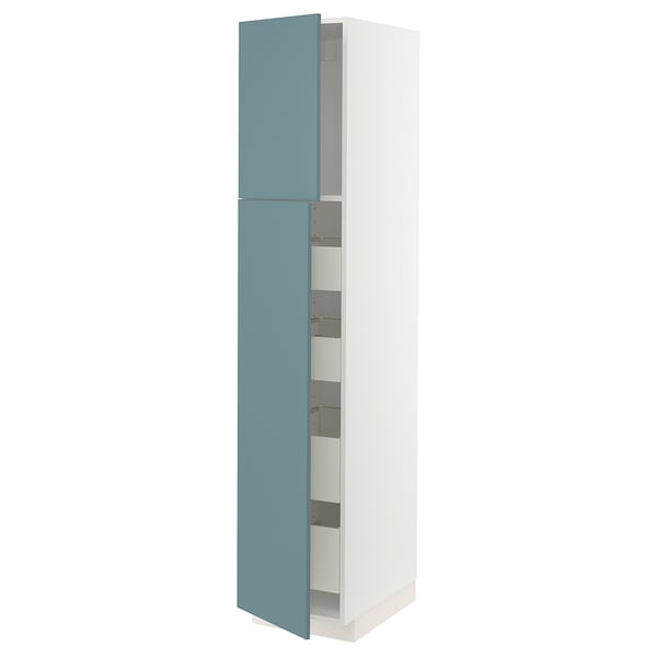 A tall, white storage cabinet with turquoise-colored doors, featuring multiple shelves inside. The cabinet has a modern design with smooth surfaces.