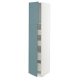 A tall, white storage cabinet with turquoise-colored doors, featuring multiple shelves inside. The cabinet has a modern design with smooth surfaces.