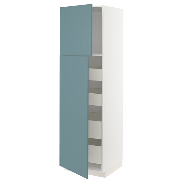 Modern turquoise METOD cabinet with multiple shelves.