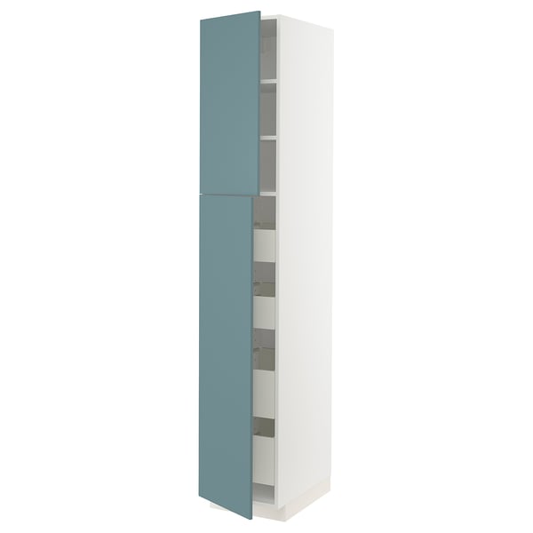 A modern, tall, white METOD kitchen cabinet with turquoise havstorp doors. It several shelves within.