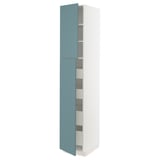 A modern, tall, white METOD kitchen cabinet with turquoise havstorp doors. It several shelves within.
