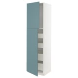 Vertical kitchen cabinet with blue doors, white frame, multiple shelves.