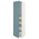 Vertical kitchen cabinet with blue doors, white frame, multiple shelves.
