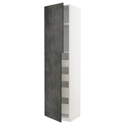 White METOD kitchen cabinet with dark grey concrete doors, tall and rectangular, sleek design.