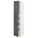 A white and dark grey tall kitchen cabinet with two doors. It shelves inside and a modern design.