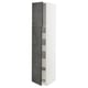 A white and dark grey tall kitchen cabinet with two doors. It shelves inside and a modern design.