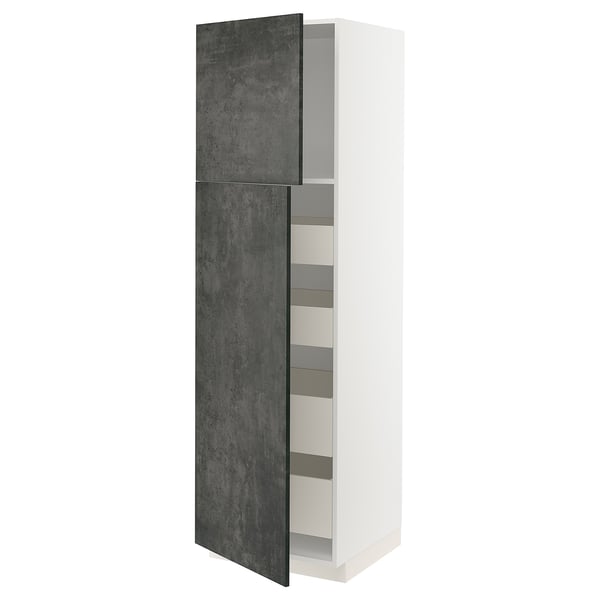 METOD high kitchen cabinet, white and dark grey, open door revealing shelves.