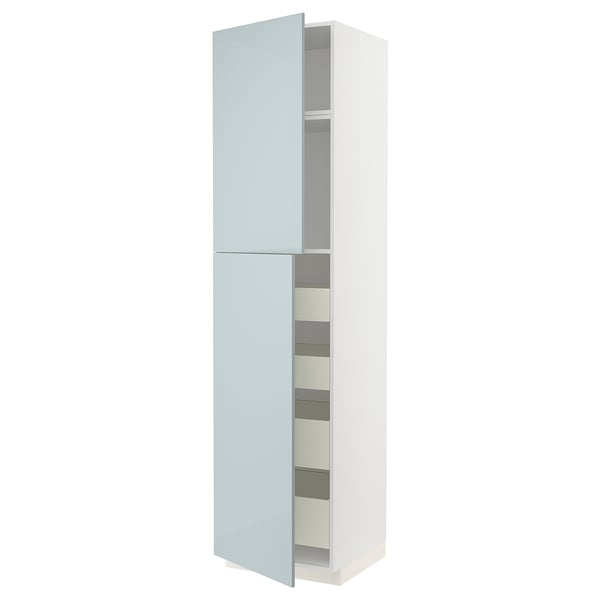 White METOD kitchen cabinet with light blue, glossy doors and shelves.
