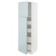 A white METOD kitchen unit with light blue high-gloss doors, featuring multiple shelves and practical storage solutions.
