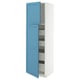 A blue METOD cabinet with two doors open, revealing adjustable shelves inside. The cabinet is white and stands upright.