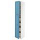 A tall, narrow cabinet. It is mostly white with blue doors. The cabinet has several shelves inside.