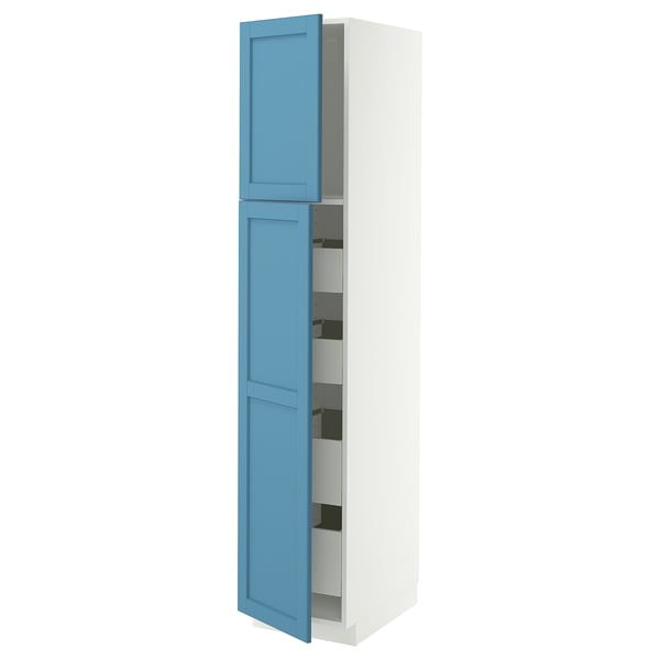 A METOD tall kitchen cabinet with blue doors and multiple drawers.