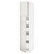 A white METOD kitchen cabinet with a sleek, modern design. It a high gloss finish, multiple shelves, and a sturdy frame.