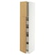 A white METOD tall cabinet with wooden doors in light oak. It a sleek design and multiple shelves inside.