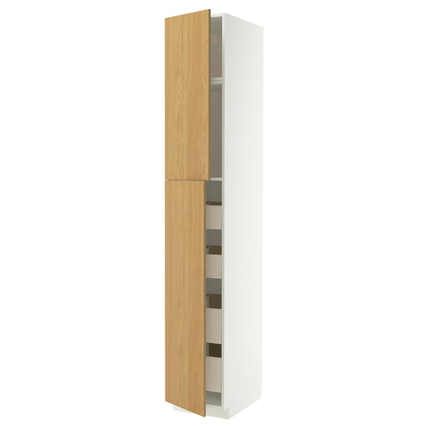 A tall, white cabinet with wooden doors, featuring built-in shelves and drawers.