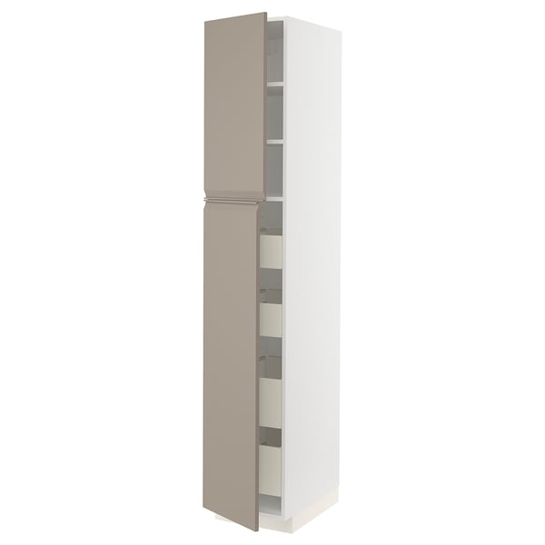 Beige METOD kitchen cabinet with grey handles, modern, open design.