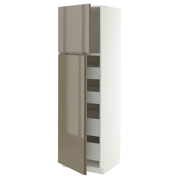 METOD / MAXIMERA Hi cab w 2 doors/4 drawers, white/VOXTORP high-gloss dark grey-brown vertical, 60x60x200 cm