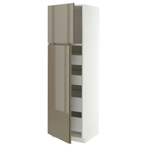 METOD / MAXIMERA Hi cab w 2 doors/4 drawers, white/VOXTORP high-gloss dark grey-brown vertical, 60x60x200 cm