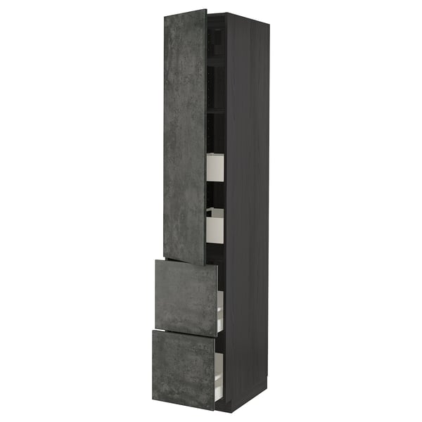 Modern tall grey kitchen cabinet with open drawers and shelf space.