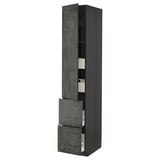 Modern tall grey kitchen cabinet with open drawers and shelf space.