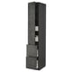 Modern tall grey kitchen cabinet with open drawers and shelf space.