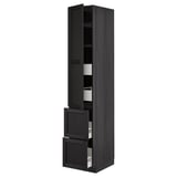 Modern tall black cabinet with pull-out shelves and drawers. Sleek, dark wood grain finish. Adjustable shelf, durable, and functional storage.