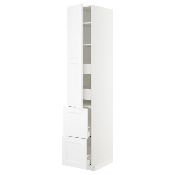 An ikea METOD kitchen cabinet in white. It multiple shelves and drawers for storage.
