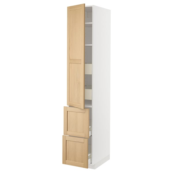 A tall, white METOD kitchen cabinet with wooden doors, featuring a classic design with beveled edges and integrated shelving.