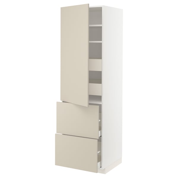 White and beige kitchen cabinet with three shelves and two drawers, modern design by ikea.