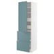Turquoise METOD kitchen cabinet with white frame, featuring drawers and shelf, sleek modern design.