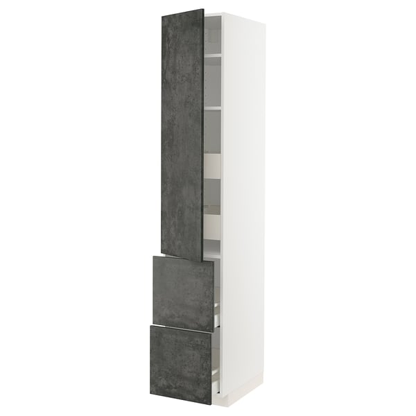 A white METOD kitchen cabinet with dark grey concrete effect doors. It has a tall, rectangular shape with pull-out shelves for easy access.