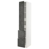 A white METOD kitchen cabinet with dark grey concrete effect doors. It has a tall, rectangular shape with pull-out shelves for easy access.