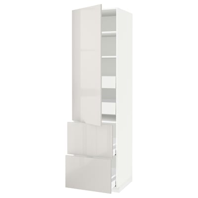 A white, tall kitchen cabinet with a modern design featuring two drawers and three shelves. It has a glossy finish and sleek, minimalist appearance.