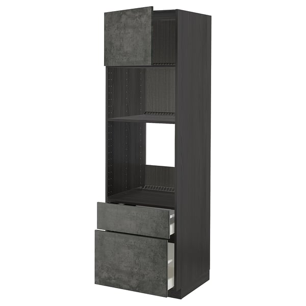 A dark grey ikea METOD kitchen cabinet set. It includes a tall frame with adjustable shelves and drawers, combining modern design and functionality.