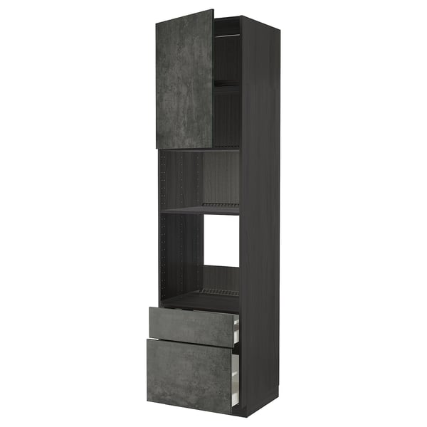 Dark grey modern kitchen cabinet with drawers and shelves.
