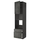 Dark grey modern kitchen cabinet with drawers and shelves.