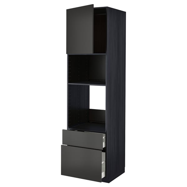 Black ikea METOD kitchen cabinet in modern design with open shelves and drawers.