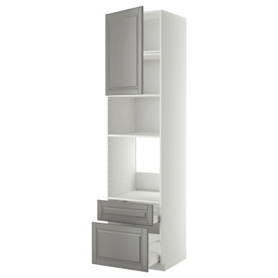 A white METOD kitchen cabinet with grey bodbyn handles. It an open door at the top, two pull-out drawers below, and adjustable shelves inside.