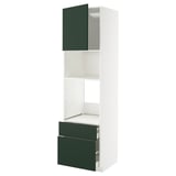 METOD kitchen unit in white with green drawer and door. Tall design with open middle shelf.