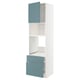 METOD kitchen system with turquoise havstorp fronts. Vertical cabinet with open shelves, blue drawers, and white frame.