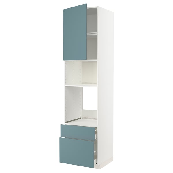 METOD kitchen unit, turquoise door, white frame, open shelf, blue drawer.