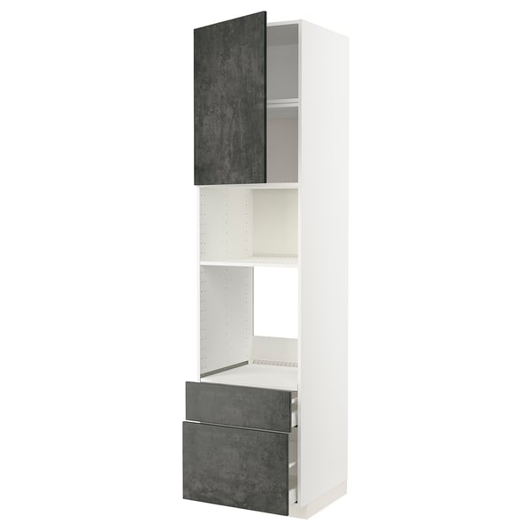 METOD kitchen cabinet in white with dark grey drawers and door. Tall unit with shelves, drawers, and a door.