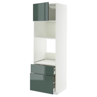 Modern white kitchen cabinet with high-gloss grey-green drawers and shelves.