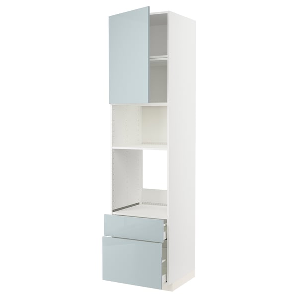 A white METOD kitchen cabinet unit with high-gloss grey-blue kallarp fronts, featuring shelves and drawers.