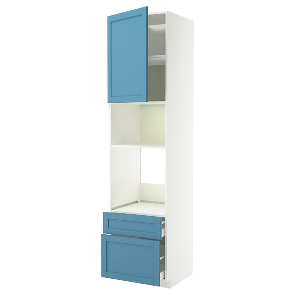 Modern white and blue kitchen cabinet with open door and drawers.