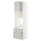The METOD kitchen unit in light grey with a classic design. It includes an openable door, two pull-out drawers, and adjustable shelves for storage.