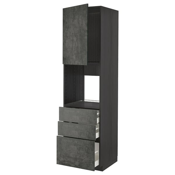 Black kitchen unit, METOD line, dark grey concrete finish, 3 drawers, 1 open shelf, modern minimalist design.