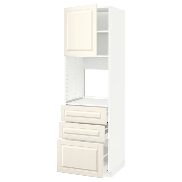 An off-white METOD kitchen cabinet with three drawers and an open compartment at the top. Its a traditional design with beveled edges.