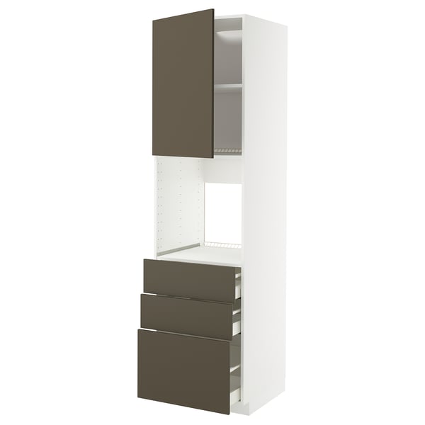 Black and white kitchen unit with dark brown drawers, featuring open shelves and modern design.
